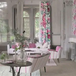 Tissu D'ameublement Linwood "Mirador" - Motif Floral Charbon/lin, 2.5m X 140cm (env.)