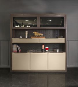 bibliothèque contemporaine / en plaqué bois / en verre / en cuir