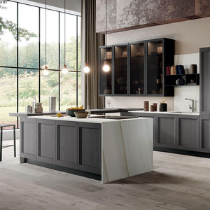 cuisine contemporaine / en plaqué bois / en verre fumé / en métal laqué