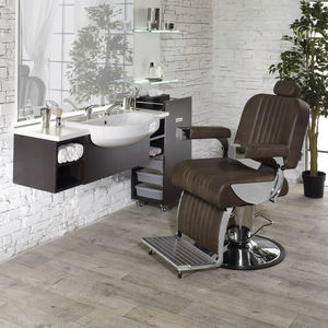 fauteuil de barbier en simili cuir / en métal chromé / piètement central / avec repose-tête