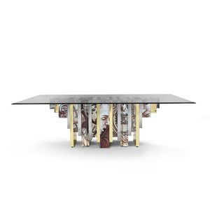 table à manger design original / en verre trempé / avec piètement en laiton poli / rectangulaire