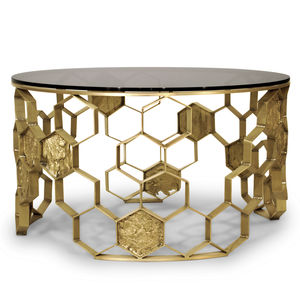 table basse contemporaine / en verre / avec piètement en laiton / ronde