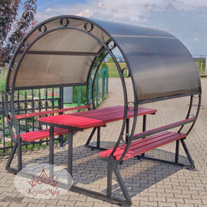 ensemble table et bancs contemporain / en bois / en acier / de jardin