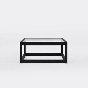 table basse contemporaine / en verre / avec piètement en chêne / carrée