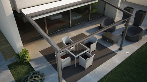 Pergola adossée - PERGOLATENDA - Proverbio Outdoor Design - en aluminium / couverture coulissante en toile PVC / sur mesure