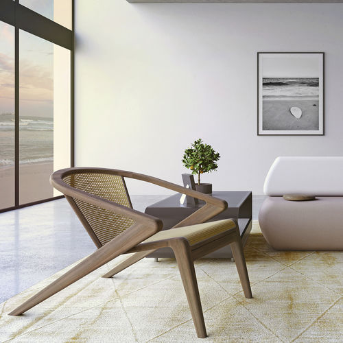 Fauteuil contemporain - P.R. LOUNGE STRAW - AROUNDtheTREE Design - en osier / en bois massif / avec repose-pieds