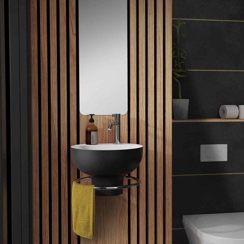 Lave-mains suspendu - OSAKA - DECOTEC - rond / en Solid Surface / avec porte-serviettes intégré