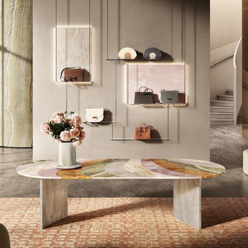 Table à manger contemporaine - MAREA - BUDRI - en travertin / en onyx / avec piètement en marbre