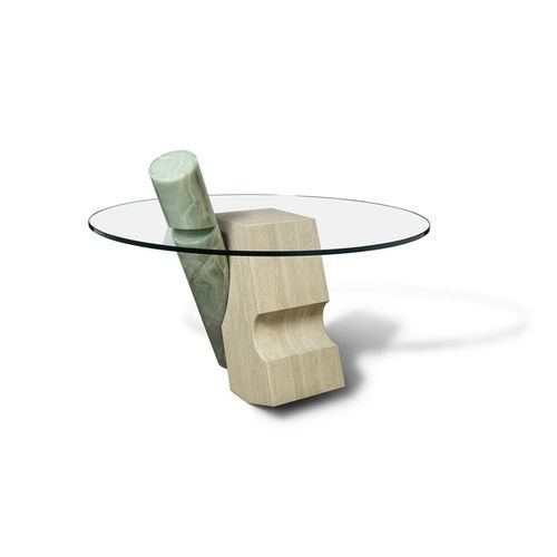 Table d'appoint contemporaine - PIERCE - BUDRI - en verre trempé / avec piètement en travertin / circulaire