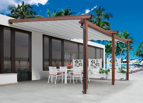 Pergola adossée - ONDALEVEL - IL CEPPO - en bois / couverture coulissante en toile PVC / professionnelle