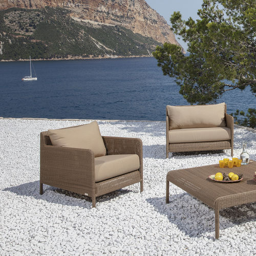 Fauteuil contemporain - SHANGHAI - Tectona - en Sunbrella® / en résine tressée / beige