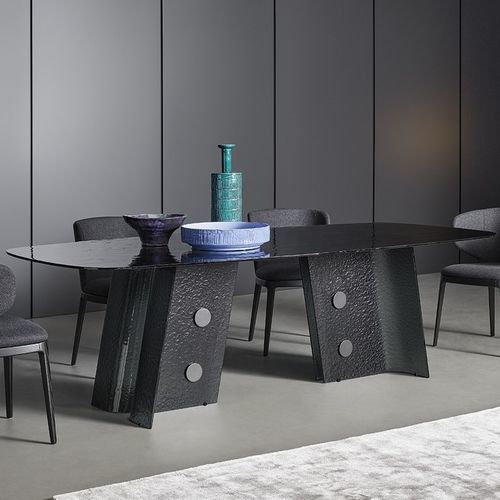 Table à manger contemporaine - Botón - BONALDO - en verre trempé / en verre fumé / avec piètement en métal peint