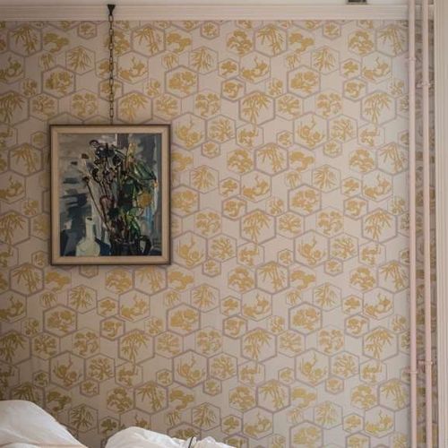 Papier peint contemporain - SHOUCHIKUBAI series - Farrow & Ball - à motif géométrique / jaune / marron