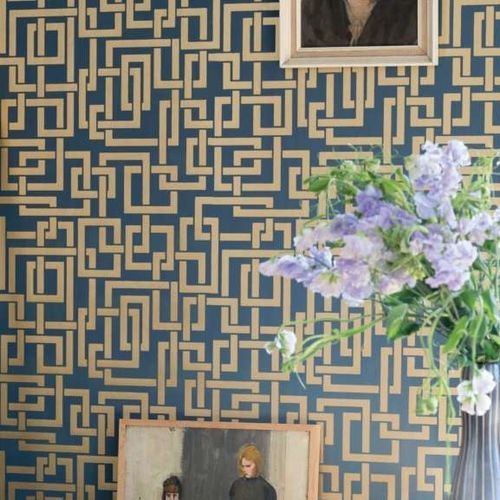 Papier peint contemporain - ENIGMA series - Farrow & Ball - à motif géométrique / effet métallisé / jaune