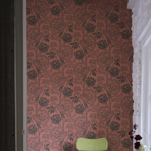 Papier peint contemporain - Peony series - Farrow & Ball - à motif floral / rouge / gris