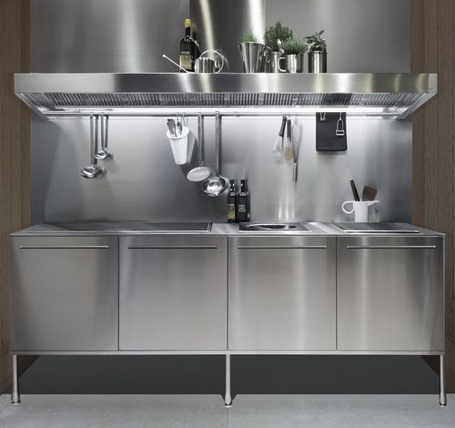 Cuisine contemporaine - ARTUSI PROFESSIONAL WORK UNIT - Arclinea - en acier inoxydable / dissimulée / avec poignée intégrée