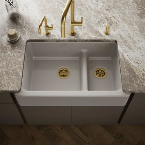 Évier 2 bacs - WHITEHAVEN® - Kohler - sans égouttoir / en fonte / sous plan