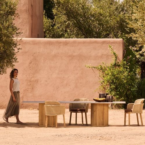 Table à manger contemporaine - OTTO - Tribù - en travertin / en céramique / avec piètement en teck