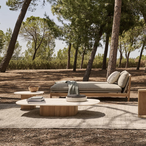 Table basse contemporaine - SEREN - Tribù - en travertin / en céramique / avec piètement en teck
