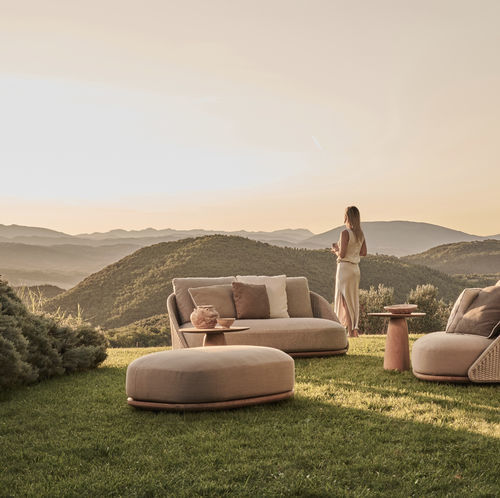 Pouf contemporain - ELIO - Tribù - en teck / en tissu / ovale