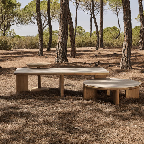 Table basse contemporaine - AMANU - Tribù - en céramique / avec piètement en teck / rectangulaire