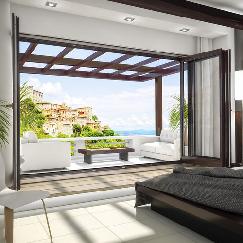 Baie vitrée pliante - SOFTLINE 68 - drutex - en bois / à double vitrage / à triple vitrage