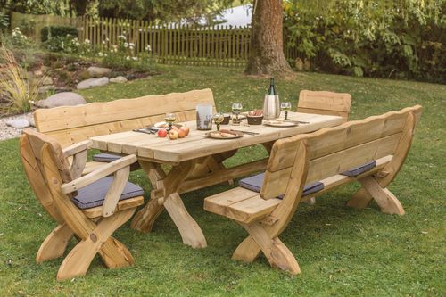 Ensemble table et bancs classique - MURGTAL - Braun Wuerfele - en sapin / de jardin / d'extérieur