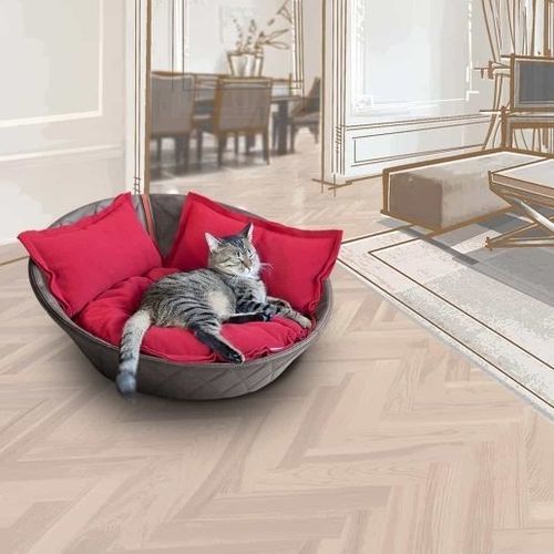 Panier pour chat en coton - CHESTER - pet.interiors - en polyester / en cuir / en acier inoxydable