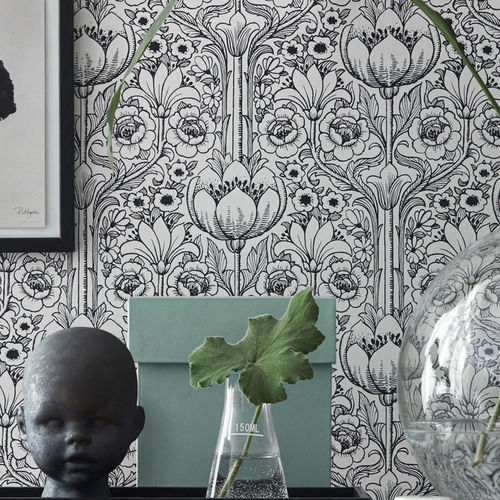 Papier peint contemporain - ROSEGARDEN - Eco - à fleurs / blanc / noir