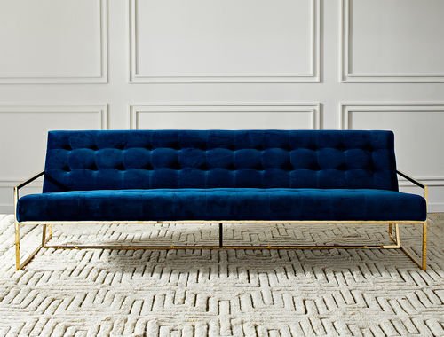 Canapé contemporain - GOLDFINGER - Jonathan Adler - en velours / bleu / avec piètement en laiton poli