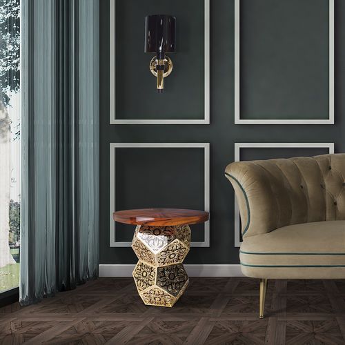 Table d'appoint classique - LAZULI - Malabar - en placage de bois / avec piètement en laiton poli / avec piètement en verre