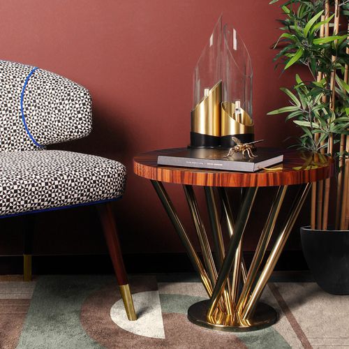Table d'appoint contemporaine - NEBULA - Malabar - en placage de bois / avec piètement en laiton poli / ronde