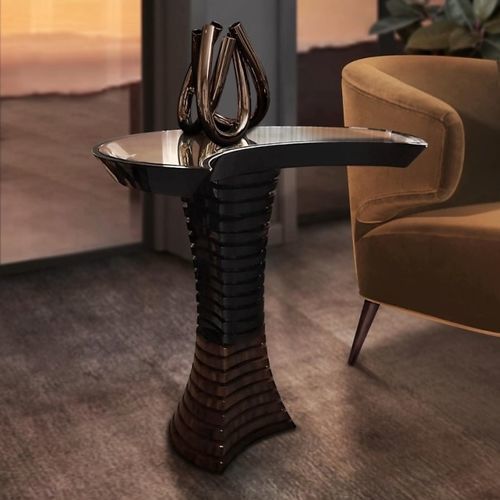 Table d'appoint contemporaine - VOLUTE - Malabar - en verre / en fer / avec piètement en bois laqué brillant
