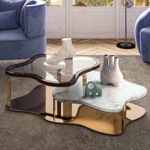 Table basse contemporaine - MARINA - Malabar - en verre / en noyer / avec piètement en laiton poli