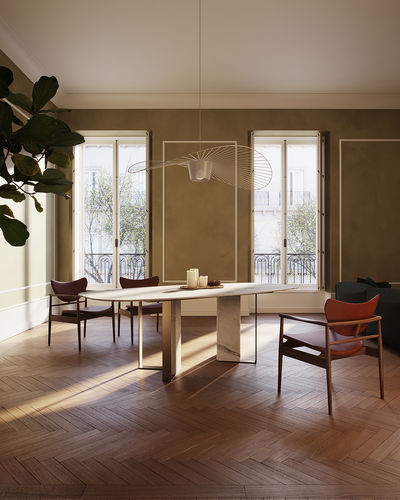 Table à manger contemporaine - NIBBLES CALACATTA - MAAMI HOME - en marbre / avec piètement en métal laqué / avec piètement en marbre