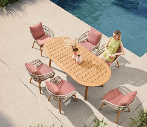 Table à manger contemporaine - VASCA - Higold - en teck / en corde / avec piètement en bois