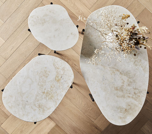Table basse contemporaine - LA TERRA - WOUD - en travertin / avec piètement en métal peint / résidentielle