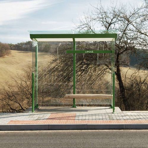 Abribus en verre - X1-210L-SS - egoé - en acier galvanisé / en acier thermolaqué / avec banc