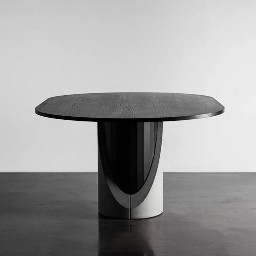 Table à manger contemporaine - SHARP - Lyon Béton - plaquée bois / avec piètement en acier peint / avec piètement en béton fibré