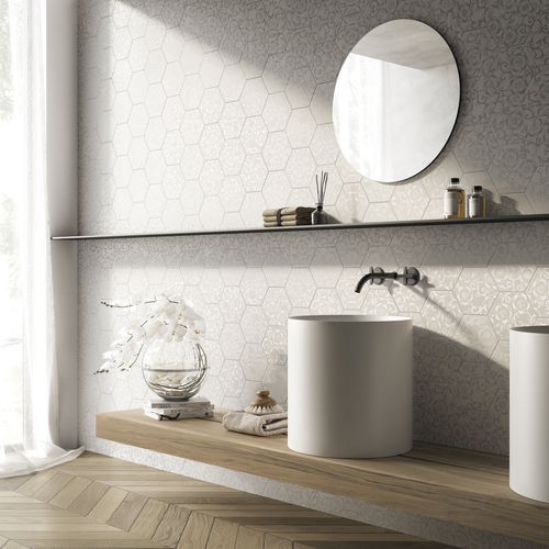 Tomette en céramique - EXA16 W300 BIANCO FLORA SILVER - AcquarioDue - brillante / à relief / d'intérieur