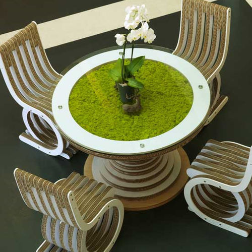 Table design original - CLESSIDRA - LICHENS - Lessmore - en verre / avec piètement en bois / avec piètement en carton