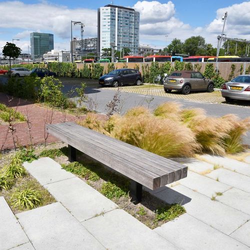 Banc public contemporain - MODULO - STANDARD - CROSO FRANCE - en bois exotique / en acier galvanisé / sans dossier