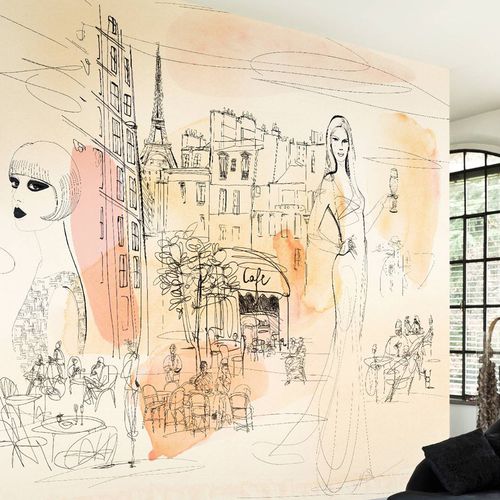 Papier peint contemporain - WATERCOLOR AND FASHION IN PARIS - Wallpepper - en fibre de cellulose / en fibre naturelle / croquis