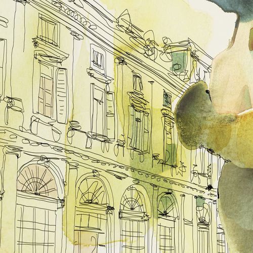 Papier peint contemporain - WATERCOLOR AND PALAZZO SERBELLONI, WOMAN IN STYLE - Wallpepper - croquis / imprimé