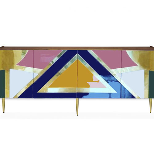Buffet contemporain - YUCATÁN - Moanne - en bois laqué brillant / en laiton poli / avec étagère