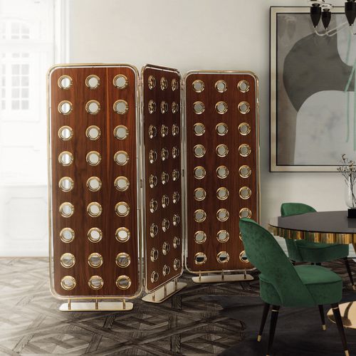 Paravent contemporain - MONOCLES - Essential Home - en laiton / en bois massif / en noyer