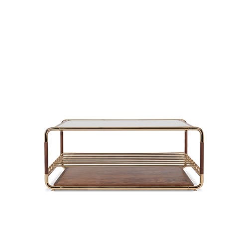 Table basse design original - LAUTNER  - Essential Home - en laiton poli / en bois verni / en verre fumé