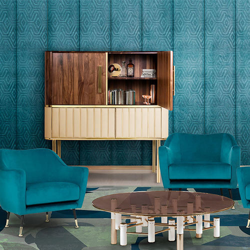 Meuble bar contemporain - HEPBURN  - Essential Home - en cuir / en noyer / en laiton poli