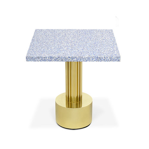 Table design - DENNING - Essential Home - en terrazzo / avec piètement en laiton poli / carrée