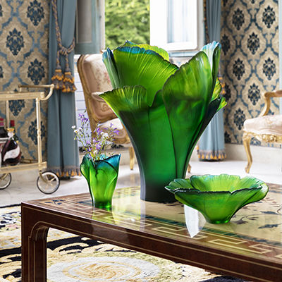 Vase design original - GINKGO  - Daum - en cristal / vert / jaune